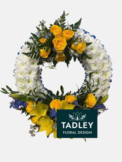 Classic Wreath With Yellow Spray & Blue Ribbon
