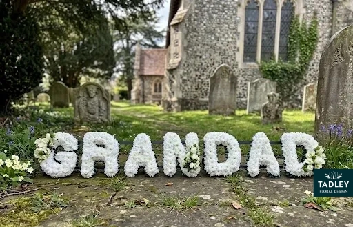 GRANDAD Letters With Green Ribbon & White Sprays