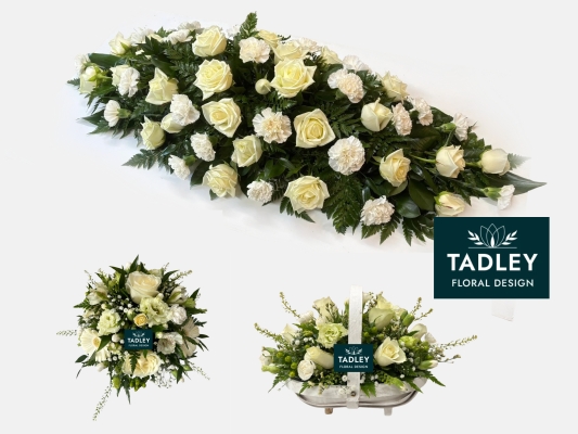 Classic White Collection Coffin Spray 4', Basket & Posy