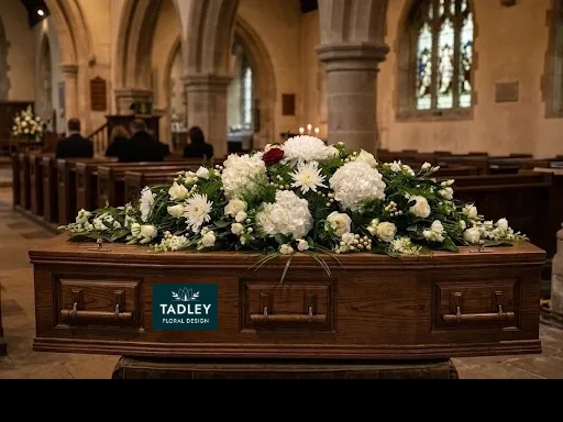 White Coffin Spray With Hydrangeas