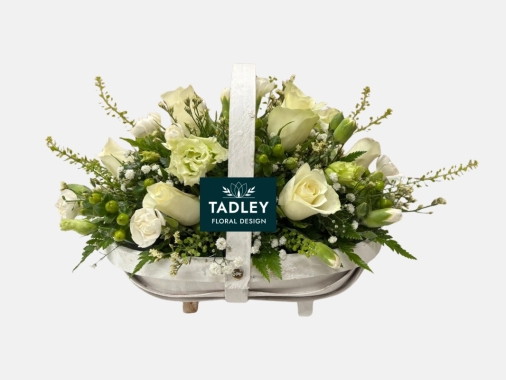 Classic White Collection Coffin Spray 4', Basket & Posy