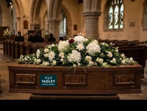 White Coffin Spray With Hydrangeas
